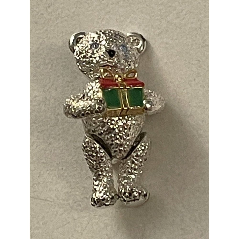 Teddy Bear Silver Colored Christmas Pin Cute  H21